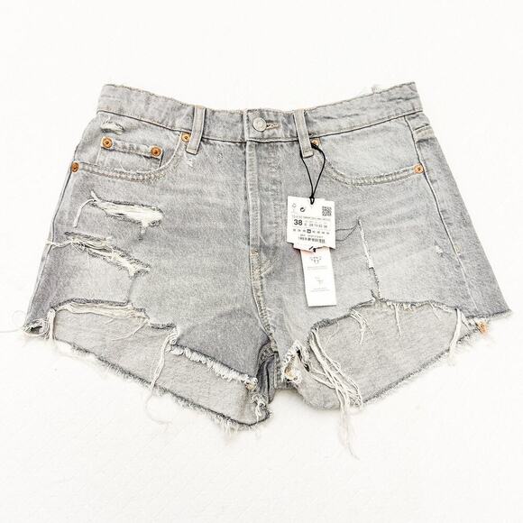 Zara Gray Wash High-Rise Denim Jeans Raw Hem Ripped Cutoff Size 06 NWT - Picture 1 of 6